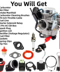 Contents of Beefed Up 24mm 150cc Carburetor Kit For Scooters And Go Karts 4 Stroke Engine With Starter Solenoid Fits 152QMJ 152QMI 157QMJ 157QMI High Flow Performance Upgrade For Better Throttle Response