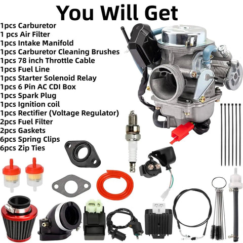 Contents of Beefed Up 24mm 150cc Carburetor Kit For Scooters And Go Karts 4 Stroke Engine With Starter Solenoid Fits 152QMJ 152QMI 157QMJ 157QMI High Flow Performance Upgrade For Better Throttle Response