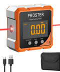 Top Notch Rechargeable Digital Angle Finder With Twin Laser Alignment And Rock Solid Magnetic Base For Carpenters And DIY Hustlers Demanding Dead On Precision On Every Tight Job Site showing digital inclinometer with orange and black casing, laser feature, USB cable, and carrying case.