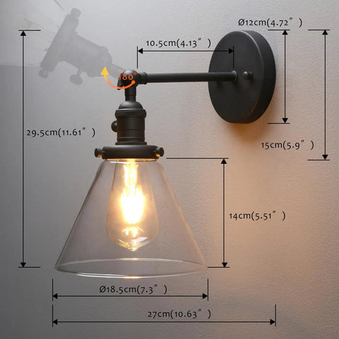 Hardwired Wall Sconce With Switch For Indoor Lighting, Vanity Lamps With Funnel Clear Glass Shade, Retro Vibe Bathroom Fixture