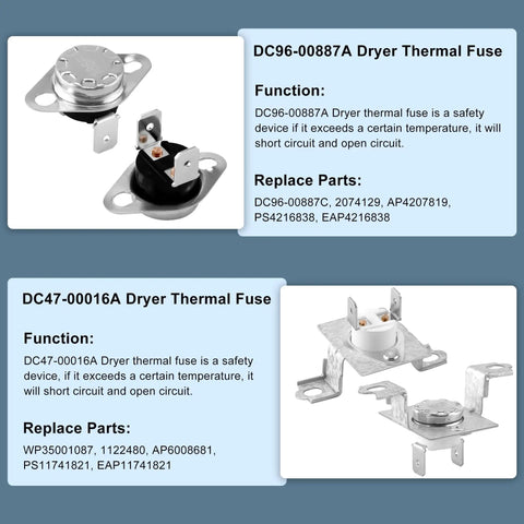 DC96-00887A and DC47-00016A dryer thermal fuses, safety devices for Samsung dryers, prevent overheating and circuit issues.