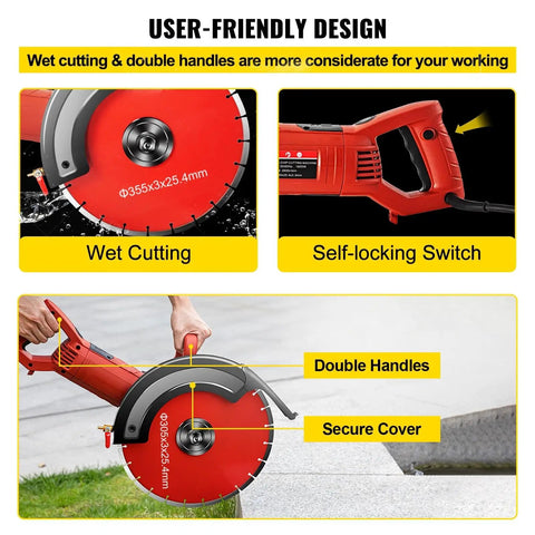 User-friendly design features of 1800 Watt Electric Concrete Saw With 14 Inch Diamond Blade Wet Or Dry Circular Saw.
