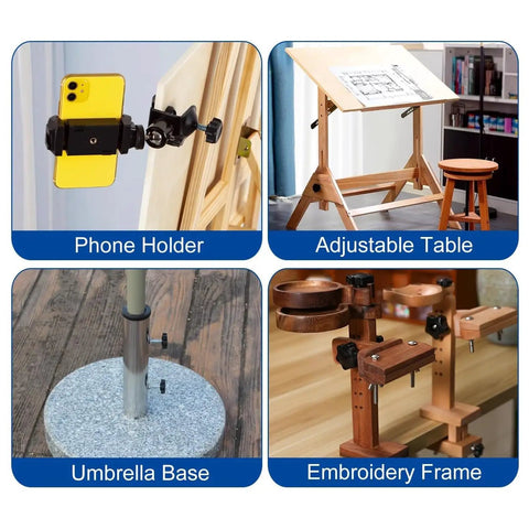 Phone holder for easy device access, adjustable table for drafting, sturdy umbrella base, and embroidery frame setup.