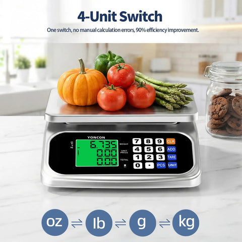 Large Digital Kitchen Scale With 66Lb Capacity And 30Kg, 0.05oz Per 1g Precision, Price Computing And PCS, Battery Or DC Plug, shown with vegetables.