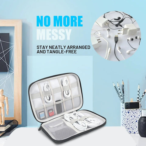 Open Ultimate Travel Cable Organizer Bag With Double Layer Tech Pouch showing cords and accessories neatly arranged.