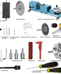 Mini lathe machine with blue body, front view collage of tools and accessories.