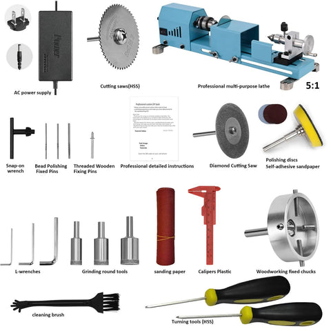 Mini lathe machine with blue body, front view collage of tools and accessories.