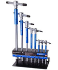 8 Piece Metric T Handle Hex Key Wrench Set With Speed Sleeves For Fast Spin Action displayed on storage rack
