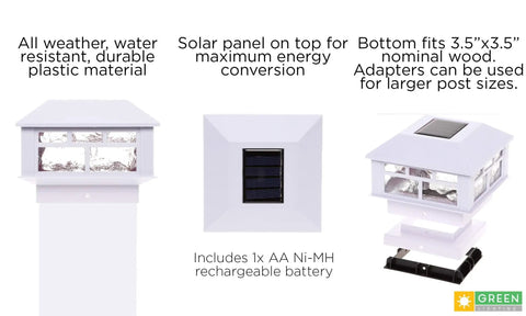 Solar Post Cap Lights 12 Pack Fits 4x4 Wood Posts And 4x4/5x5 PVC Vinyl With Adapters, showing components and material.