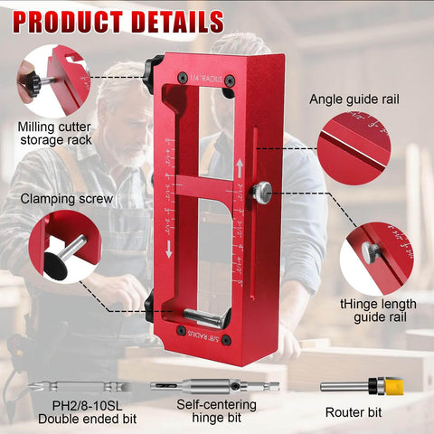 Pro Grade Aluminum Door Hinge Template Jig For Router, adjustable mortise, CNC machined 6061 aluminum, anodized finish, components labeled.