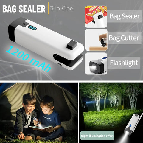 Rechargeable Mini Bag Sealer Three In One With Cutter And LED Flashlight Magnetic Base Featuring Images of Sealing and Lighting