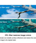 Image comparing water reflections with no filter and using CPL filter from ND And CPL Filters Set For NEO 2 Drone With UV ND8 ND16 ND32 Filters And CPL Pro Grade Neutral Density Lens Accessories With Multi Layer Coating For Crisp Footage With Rich Colors On Aerial Shots.