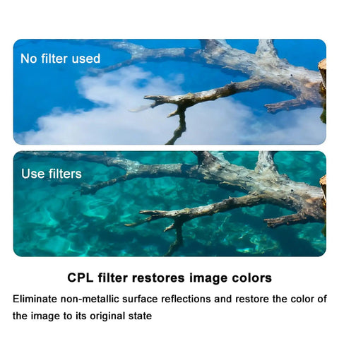 Image comparing water reflections with no filter and using CPL filter from ND And CPL Filters Set For NEO 2 Drone With UV ND8 ND16 ND32 Filters And CPL Pro Grade Neutral Density Lens Accessories With Multi Layer Coating For Crisp Footage With Rich Colors On Aerial Shots.