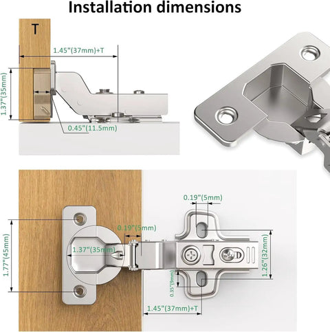 Installation dimensions for 50 Pack 25 Pairs Inset Soft Close Cabinet Hinges Clip On Plate 45 To 110 Degrees Frameless European