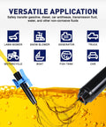 Front view of SMART JERRY battery-operated fuel transfer pump with black body, yellow hose and blue locking clip.