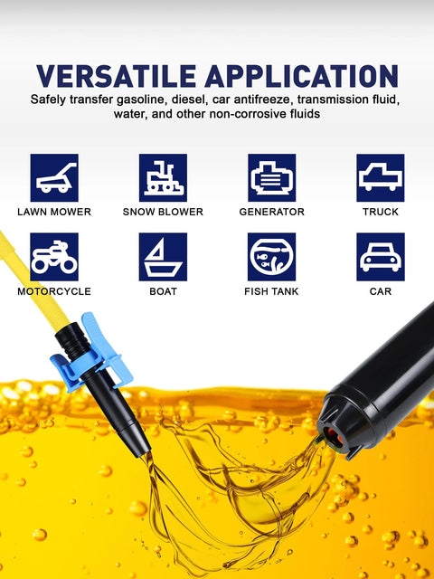 Front view of SMART JERRY battery-operated fuel transfer pump with black body, yellow hose and blue locking clip.