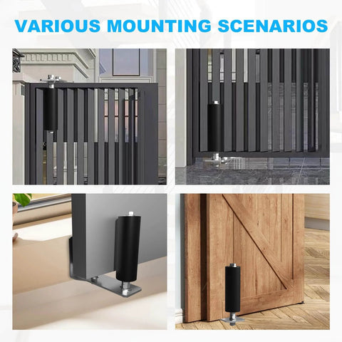 2 Pack Heavy Duty Sliding Gate Rollers with Adjustable 6 Inch Double Hard Nylon Rollers, shown installed on gates and doors.