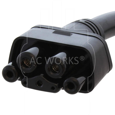 Solid Heavy Duty Ev Charging Adapter Designed For Tesla Level Two Hookups With Nema 6 30P Pigtail Plug connection view showing prongs.