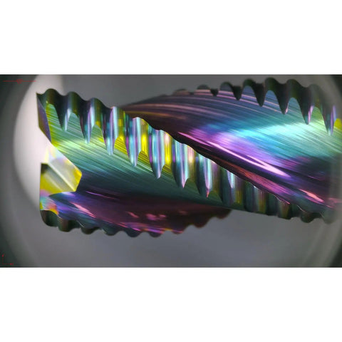 Close-up of a Roughing End Mill With DLC Diamond Like Coating Carbide Milling Cutter For Aluminum Copper Magnesium Alloys And Composite Materials, 3 Flute, 1 Quarter Inch Shank, High Efficiency Milling Tool For Metalworking.