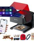 AlgoLaser 10W portable laser engraver front view with red hood, 3.5-inch touchscreen, and wireless app control