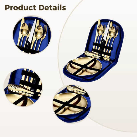 10 Piece Camping Utensils Set Stainless Steel Golden Cutlery Includes Steak Knife Fork Spoon Plates And Food Tongs