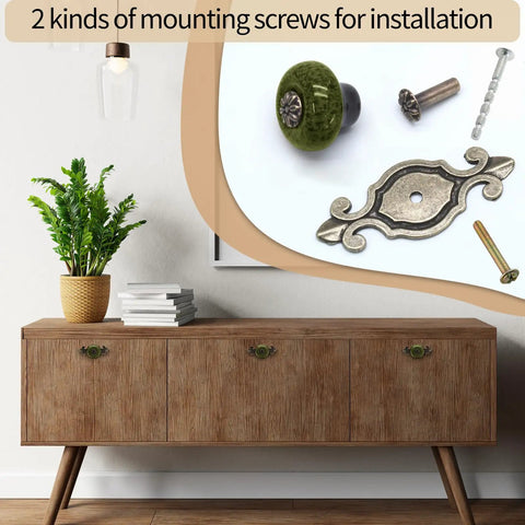 Fresh Green Cabinet Knobs With Vintage Tile Pattern Zinc Alloy Screw Back Hardware Solid Pick, includes 2 types of screws for installation.