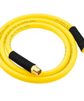 High Flow Half Inch By Six Foot Hybrid Air Compressor Hose Delivering Three Hundred Psi For Serious Work And Quick Fixes Runs Slick And Holds Up Under Heavy Load Every Time, yellow hose with black fittings.