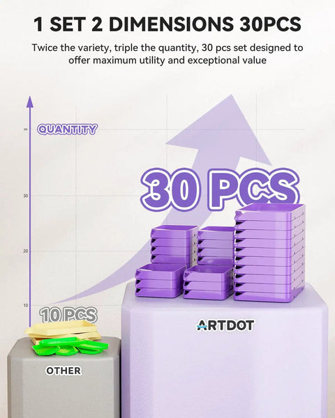 30 Piece Stackable Tray Set For Diamond Art Kits With Interlocking Trays And Tools For Adults Purple Color, Space Saving Storage, Spill Prevention, Easy Organization Of Diamond Painting Supplies, shown on a pedestal