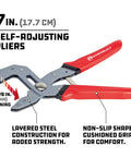7 Inch Self Adjusting Pliers With Spring Loaded One Hand Power Grip for bolts and pipes, bright red handles, steel jaws