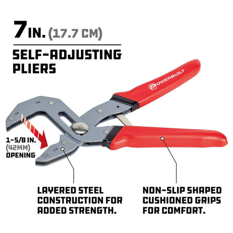 7 Inch Self Adjusting Pliers With Spring Loaded One Hand Power Grip for bolts and pipes, bright red handles, steel jaws