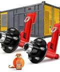 Front view: two red 6-lug shipping container wheel axles with black hubs and bolts; orange ratchet strap visible