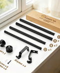 Components of Adjustable Black Curtain Rod From 32 To 144 Inches Heavy Duty 1 Inch Curtain Rods For Windows shown in box