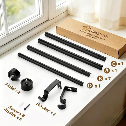 Components of Adjustable Black Curtain Rod From 32 To 144 Inches Heavy Duty 1 Inch Curtain Rods For Windows shown in box