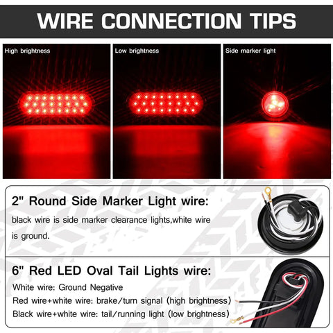 Diagram showing wire connection tips for 6" oval red LED tail lights and 2" round red LED side lights with connectors.