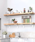Rock Solid White Floating Shelf Brackets 6 Pack Heavy Duty Steel Wall Mounts 12 Inch shelves holding jars in a kitchen.
