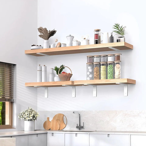 Rock Solid White Floating Shelf Brackets 6 Pack Heavy Duty Steel Wall Mounts 12 Inch shelves holding jars in a kitchen.