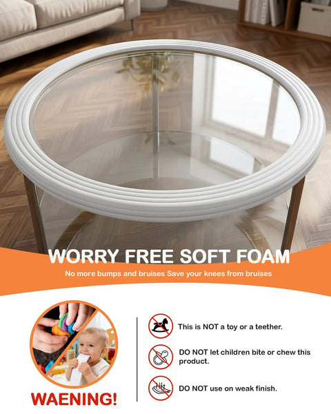 Super Snug W Shape Corner Protectors With Pre Taped Edge Guard For Furniture Safety Kid And Pet Friendly Home Bumper Roll Quick Stick setup on a glass table.