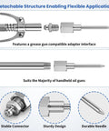 Front view: 7-piece grease gun needle tip kit in stainless steel with adapters and needle.