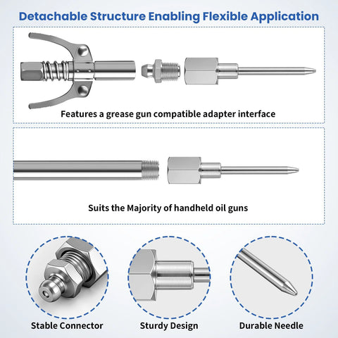 Front view: 7-piece grease gun needle tip kit in stainless steel with adapters and needle.