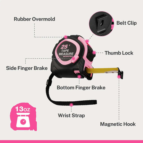 Side view of 25 Foot Tape Measure With Fractions, Retractable Steel Blade, Magnetic Hook, Three Brake System, Pink Color
