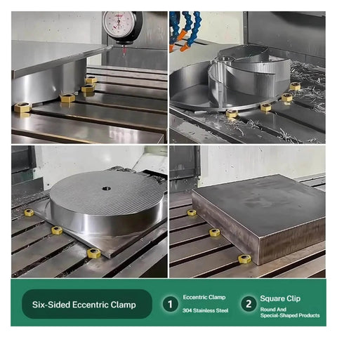 Beefy Hexagonal Eccentric Clamps Set For Workholding shown in use on milling and lathe machines with cam fixture clamps and bolts.