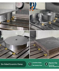 Six Piece Hex Eccentric Clamps Set With Beefy Stainless Steel Anchors And Nuts For Rock Solid Workholding Compatible With M4 M5 M6 M8 M10 M12 M16 Threads Includes Base Ideal For CNC Machining And Quick Setup shown holding metal workpieces on a CNC machine table with square and rounded objects.