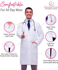 Custom Men's Lab Coat With Name And Logo, Professional Doctor Coat showcasing features like lapel collar and three pockets on model