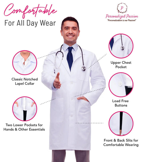 Custom Men's Lab Coat With Name And Logo, Professional Doctor Coat showcasing features like lapel collar and three pockets on model