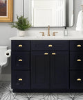 Bathroom vanity with 2-Pack Solid Brass Cup Cabinet Pulls in Brushed Brass Finish, Half Moon Style Cup Handles, black cabinetry
