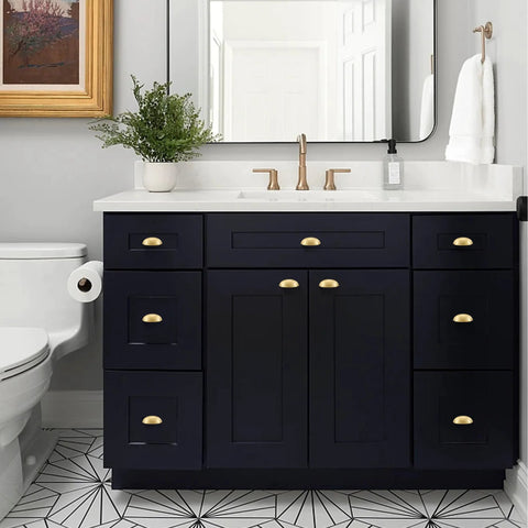 Bathroom vanity with 2-Pack Solid Brass Cup Cabinet Pulls in Brushed Brass Finish, Half Moon Style Cup Handles, black cabinetry