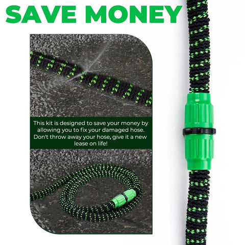 4 Pack Expandable Garden Hose Repair Kit With Universal Dual Channel Female And Male Connectors showing hose fix