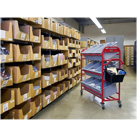 Heavy Duty Red Tote Picking Cart For Warehouse Retail And Office Order Fulfillment With Angled Shelves That Lock In Nine Bins setup near cardboard storage boxes.