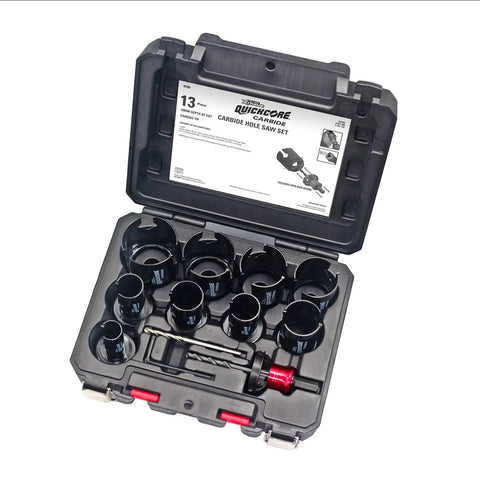 Open case showing 13-piece Blu MOL Xtreme QuickCore Hole Saw Set with tungsten carbide tipped bits and Quick Core Ejection system.