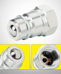ANCIMOON 1/2 in ISO 5675 hydraulic quick-connect coupler front view, silver metal, domed plug

ANCIMOON 1/2 in ISO 5675 hydraulic quick-connect coupler side view, silver metal, hex nut base

ANCIMOON 1/2 in ISO 5675 quick-connect coupler close-up, front face with inner bore

ANCIMOON 1/2 in ISO 5675 hydraulic quick-connect coupler installed view, threaded interior